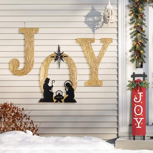 Glitzhome® Set of 3 Lighted Christmas Metal Embossed Gold JOY Yard Stake with Timer